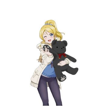 ;d ayase_eli black_pants blonde_hair blue_eyes blue_sweater blush coat fur-trimmed_coat fur_trim hair_ornament hair_scrunchie holding holding_stuffed_toy love_live! love_live!_school_idol_festival love_live!_school_idol_project official_alternate_costume official_art one_eye_closed open_mouth pants ponytail scarf scrunchie smile stuffed_animal stuffed_toy sweater teddy_bear white_coat