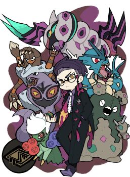 Rule 34 | 1boy, :<, arbok, barbaracle, black-framed eyewear, black coat, black pants, closed eyes, closed mouth, coat, collared shirt, colored sclera, commentary request, corbeau (pokemon), dress shirt, fangs, flower, forked tongue, garbodor, gen 1 pokemon, gen 4 pokemon, gen 5 pokemon, gen 6 pokemon, glasses, gyarados, hand in pocket, highres, kokodari, looking at viewer, male focus, mega pokemon, mega scolipede, nintendo, orange eyes, pants, parted hair, pokemon, pokemon (creature), pokemon legends: z-a, purple coat, purple hair, purple shirt, red eyes, red flower, roserade, round eyewear, scolipede, shirt, shirt tucked in, short hair, slit pupils, tongue, tongue out, two-sided coat, two-sided fabric, white background, white flower, white hair, wing collar, yellow sclera