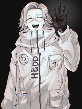 1boy :d ^_^ absurdres aotsuki_eito black_background black_gloves breast_pocket chinese_commentary closed_eyes commentary_request drawstring glasses gloves grey_hair hand_up highres jacket looking_at_viewer male_focus open_mouth pocket semi-rimless_eyewear shenjingwa37120 short_hair smile solo the_hundred_line_-last_defense_academy- upper_body variant_set waving white_jacket