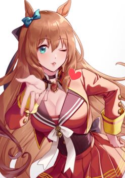 Rule 34 | 1girl, akatsuki (kuon), animal ears, blue eyes, blush, bow, breasts, brown hair, brown sailor collar, cleavage, commentary request, cropped jacket, ear bow, green eyes, hair between eyes, heart, horse ears, horse girl, horse tail, jacket, large breasts, long hair, long sleeves, looking at viewer, maruzensky (formula r) (umamusume), maruzensky (umamusume), one eye closed, parted lips, pendant choker, puckered lips, red jacket, red serafuku, red shirt, red skirt, sailor collar, school uniform, serafuku, shirt, simple background, skirt, smile, solo, tail, umamusume, white background, white bow