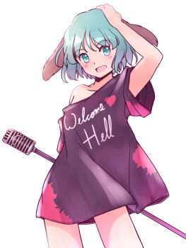 1girl :d animal_ears black_shirt blush commentary_request dog_ears feet_out_of_frame green_eyes green_hair hand_on_own_head holding holding_microphone_stand kasodani_kyouko microphone_stand open_mouth rangycrow shirt short_hair simple_background single_bare_shoulder single_off_shoulder smile solo touhou white_background