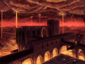 arch architecture arrow_(projectile) blaze_(minecraft) bow_(weapon) building commentary creature destroyed english_commentary fortress hallway haze highres hill horizon lava minecraft monster no_humans outdoors red_sky sky the_nether_(minecraft) tower watermark weapon web_address window