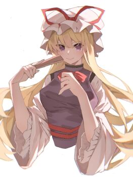 Rule 34 | 1girl, blonde hair, blush, bow, bowtie, closed mouth, commentary request, hat, hat ribbon, juliet sleeves, long hair, long sleeves, mob cap, nymphus, puffy sleeves, purple eyes, purple tabard, red bow, red bowtie, red ribbon, ribbon, simple background, smile, solo, tabard, touhou, upper body, white background, white hat, wide sleeves, yakumo yukari