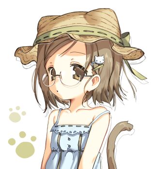 1girl absurdres animal_ear_headwear bare_shoulders brown_eyes brown_hair cat_girl cat_tail commentary dress fake_animal_ears flat_chest glasses hair_ornament hairclip hat highres ichigo_mashimaro looking_at_viewer nepunepu parted_lips paw_print sakuragi_matsuri short_hair simple_background sleeveless sleeveless_dress solo strap_slip straw_hat swept_bangs symbol-only_commentary tail tareme white_background white_dress