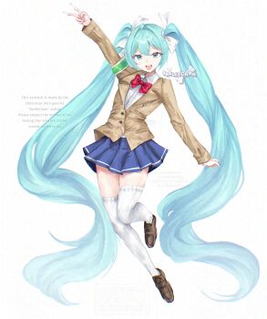 Rule 34 | 1girl, absurdres, armband, artist request, blazer, blue eyes, blue hair, bow, bowtie, brown shoes, commentary, diamond (shape), english commentary, english text, green armband, hair bow, hatsune miku, highres, jacket, pleated skirt, red bow, red bowtie, school uniform, shirt, shoes, skellychan, skirt, socks, special relief committee (vocaloid song), twintails, v, vocaloid, watermark, white background, white bow, white shirt, white socks
