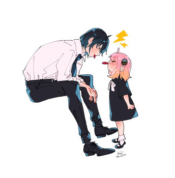 Rule 34 | 1boy, 1girl, anya (spy x family), awarinko, belt, black belt, black dress, black necktie, black pants, black shoes, blowing raspberry, blush, bobby socks, bow, brown hair, closed eyes, collared shirt, dress, facing another, from side, gradient hair, grey shirt, grey socks, highres, leaning forward, lightning bolt symbol, looking at another, multicolored hair, necktie, pants, pink hair, profile, ribbed socks, shirt, shoes, short sleeves, signature, simple background, sitting, socks, spy x family, standing, twitter username, white background, white bow, white socks, yuri briar