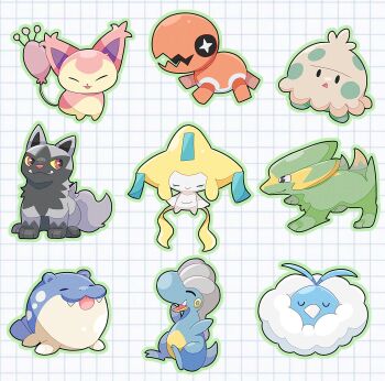 Rule 34 | animal focus, bagon, cat, closed eyes, closed mouth, colored sclera, colored skin, electrike, fangs, flygonlove330, full body, gen 3 pokemon, highres, jirachi, legendary pokemon, mushroom, mythical pokemon, nintendo, no humans, open mouth, pokemon, pokemon (creature), pokemon focus, poochyena, red eyes, seal (animal), shroomish, skitty, smile, spheal, swablu, tanzaku, trapinch, white skin, yellow sclera