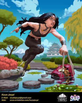 1girl 1other absurdres android architecture artist_name belt black_hair black_tank_top blue_sky breasts building bush chain_belt choker claw_(weapon) claws cleavage cloud company_logo company_name day denim dynamic_pose east_asian_architecture garden green_eyes highres house humanoid_robot jeans kuya_jaypi landscape laura_kinney leather leather_pants lipstick machine makeup marvel marvel_snap mecha mountain muscular nature navel official_art outdoors pants pond pool red_eyes red_lips reflection robot rock_garden scenery sentinel_(x-men) sky solo solo_focus stairs stone_stairs tank_top teeth tree watermark weapon web_address x-23 x-men