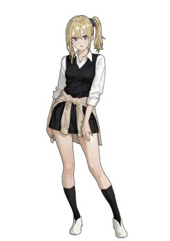 Rule 34 | 1girl, black skirt, black socks, black sweater vest, blonde hair, blue eyes, blue nails, blue scrunchie, breasts, brown cardigan, cardigan, cardigan around waist, closed mouth, clothes around waist, collared shirt, commentary, contrapposto, double-parted bangs, dress shirt, expressionless, full body, h4sh1rnoto, hair between eyes, hair ornament, hair scrunchie, hayasaka ai, highres, kaguya-sama wa kokurasetai ~tensai-tachi no renai zunousen~, kneehighs, looking at viewer, medium breasts, nail polish, school uniform, scrunchie, shirt, shoes, shuuchiin academy school uniform, side ponytail, simple background, skirt, sleeves rolled up, socks, solo, standing, sweater vest, white background, white shirt, white shoes