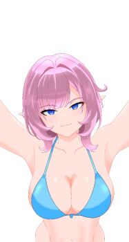 1girl aqua_bikini armpits bikini blue_eyes bottomless breasts cleavage commentary elf elysia_(honkai_impact) english_commentary honkai_(series) honkai_impact_3rd large_breasts long_hair navel pink_hair pointy_ears pov r3end simple_background solo stomach swimsuit white_background