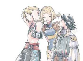 armor arms_behind_head black_hair black_pants blonde_hair blue_leotard blunt_bangs braid closed_eyes cropped_vest final_fantasy final_fantasy_xii jewelry larsa_ferrinas_solidor leather_armor leotard long_sleeves looking_at_another low_twin_braids medium_hair michibata_65 midriff open_mouth pants pendant penelo puffy_long_sleeves puffy_sleeves shirt short_bangs short_hair shoulder_armor sidelocks smile swept_bangs twin_braids upper_body vaan_(ff12) vest white_shirt