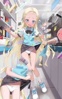 1boy 1girl absurdres apron black_bow black_bowtie blonde_hair blue_apron blue_archive blue_eyes blush bow bow_panties bowtie clothes_lift doodle_sensei_(blue_archive) halo highres loli long_hair panties polka_dot polka_dot_panties sensei_(blue_archive) shaka_(user_fmwh2232) shirt short_sleeves skirt socks sora_(blue_archive) two_side_up underwear very_long_hair white_panties white_shirt white_socks