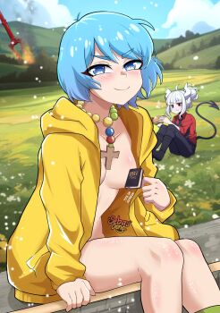 2girls absurdres apron black_apron black_footwear black_pants blue_eyes blue_hair blue_sky blush breasts covered_erect_nipples crossover demon demon_girl demon_horns demon_tail eating field fire food food_in_mouth helltaker highres holding holding_food horns jubilee_2025 luce_(jubilee_2025) lucifer_(helltaker) multiple_girls open_clothes pants raincoat red_eyes red_shirt sebasdono shirt sitting sky smug tail thighs white_hair white_horns yellow_raincoat