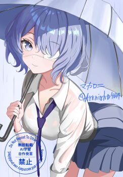 1girl absurdres arknights bent_over breasts closed_mouth collarbone collared_shirt commentary_request eyepatch fingernails grey_shirt highres holding holding_umbrella looking_at_viewer makaroni_(arknights4649) medical_eyepatch medium_breasts necktie one_eye_covered open_collar purple_eyes purple_hair purple_necktie rain shirt short_hair smile solo standing umbrella watermark whisperain_(arknights)