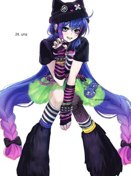 Rule 34 | 1girl, arm warmers, asymmetrical legwear, bead bracelet, beads, beanie, belt, black arm warmers, black bow, black hat, black leg warmers, blue eyes, blue hair, blue nails, bow, bracelet, braid, character name, checkered belt, commentary, detached sleeves, earrings, english commentary, fingerless gloves, fishnet pantyhose, fishnets, fur leg warmers, gloves, gradient hair, green nails, green skirt, grin, hair bow, hat, heart, highres, invisible chair, jewelry, leg warmers, long hair, looking at viewer, multicolored hair, multicolored nails, multiple belts, multiple piercings, necklace, otomachi una, pantyhose, pink arm warmers, pink belt, pink hair, pink nails, pink streaks, purple hair, purple nails, raccoon tails (hairstyle), rozenseraph, scene fashion, shirt, sitting, skirt, smile, socks, solo, spiked bracelet, spikes, striped arm warmers, striped clothes, striped socks, studded belt, t-shirt, tutu, twintails, very long hair, vocaloid, white background, yellow nails