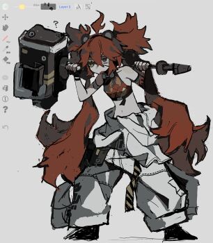 1girl ? animal_ear_hairband animal_ears art_program_in_frame asymmetrical_gloves bare_shoulders bear_ear_hairband bear_ears collar commentary_request crop_top elbow_gloves eyepatch fake_animal_ears flame_print gloves grey_background hair_between_eyes hair_ornament hairband hammer highres holding holding_hammer holding_weapon jumpsuit jumpsuit_around_waist koleda_belobog long_hair metal_collar midriff mizunako navel no_pupils open_mouth over_shoulder red_eyes red_hair single_elbow_glove solo sphere_hair_ornament stomach twintails uneven_gloves weapon weapon_over_shoulder zenless_zone_zero