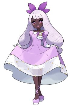 1girl adapted_costume aged_down alternate_costume bare_shoulders bow brooch dark-skinned_female dark_skin dress fairy_tale_girl_(pokemon) full_body gloves hair_bow jacinthe_(pokemon) jewelry juliet_sleeves long_hair long_sleeves looking_at_viewer low_drills mazolantis nintendo off-shoulder_dress off_shoulder official_style open_mouth pokemon pokemon_legends:_z-a puffy_sleeves purple_bow purple_dress purple_eyes purple_hair purple_shoes shoes skirt_hold smile solo teeth upper_teeth_only very_dark_skin white_gloves