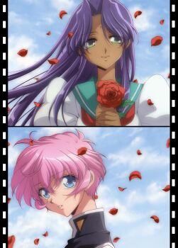 2girls absurdres anime_coloring bindi blue_eyes blue_sky commentary dark-skinned_female dark_skin day eyes_visible_through_hair flower green_eyes green_sailor_collar high_collar highres himemiya_anthy holding holding_flower jogio381ooo long_hair looking_at_viewer looking_back multiple_girls neckerchief outdoors parted_bangs parted_lips petals pillarboxed pink_hair puffy_short_sleeves puffy_sleeves purple_hair red_flower red_neckerchief red_rose reverse_trap rose rose_petals sailor_collar school_uniform serafuku short_hair short_sleeves shoujo_kakumei_utena shoujo_kakumei_utena_adolescence_mokushiroku sky smile tenjou_utena