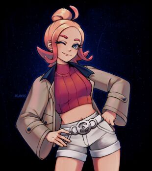 1girl ;) ahoge artist_name belt blonde_hair blue_eyes breasts brown_jacket closed_mouth covered_collarbone cowboy_shot cropped_shirt eyelashes hands_on_own_hips highres hojinxs jacket midriff navel nintendo one_eye_closed open_clothes open_jacket pokemon pokemon_legends:_z-a red_shirt ribbed_shirt shirt shorts smile solo taunie_(pokemon)