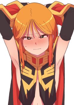1girl armpits arms_behind_head arms_up black_capelet black_gloves blush capelet commentary_request elbow_gloves gloves gundam gundam_zz half-closed_eyes highres long_sidelocks looking_at_viewer naked_capelet navel neo_zeon onimaru_(onimal7802) orange_hair pursed_lips puru_two short_hair sidelocks solo upper_body