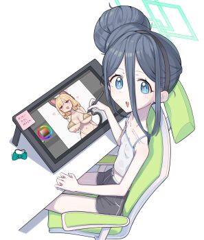 1girl alternate_breast_size_(smaller) alternate_costume alternate_hairstyle aris_(blue_archive) blue_archive breasts chair computer desk dolphin_shorts goorung highres looking_at_viewer momoi_(blue_archive) shorts simple_background small_breasts solo white_background