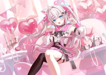 1girl absurdres ahoge amagami_amane_(vtuber) animal_ears balloon bare_shoulders black_bow black_thighhighs blue_eyes bow candle cat_ears cat_girl cat_tail commission couch cup detached_sleeves gradient_hair hair_intakes hair_ornament hair_ribbon hands_up hashtag-only_commentary heart_balloon highres indie_virtual_youtuber long_hair looking_at_viewer multicolored_hair open_mouth pink_hair pink_ribbon pink_skirt pink_theme pink_wrist_cuffs ribbon roena shirt single_thighhigh sitting skeb_commission skirt sleeveless sleeveless_shirt solo table tail teacup teapot thighhighs twintails virtual_youtuber white_shirt white_sleeves wrist_cuffs x_hair_ornament