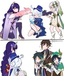 Rule 34 | 3boys, 3girls, artist name, black hair, blue eyes, bottle, bow, bowtie, braid, carrying, carrying person, cat, closed eyes, closed mouth, elf, fox, furina (genshin impact), genshin impact, green eyes, green hair, highres, instagram logo, instagram username, japanese clothes, kamiiart, kimono, long braid, long hair, looking at viewer, mole, mole under eye, multicolored hair, multiple boys, multiple girls, nahida (genshin impact), necktie, neuvillette (genshin impact), one eye closed, open mouth, pointy ears, ponytail, purple eyes, purple hair, purple kimono, raiden shogun, scaramouche (cat) (genshin impact), scaramouche (genshin impact), short hair, side ponytail, thigh strap, toeless footwear, twitter logo, twitter username, venti (genshin impact), very long hair, white hair, wine bottle, xiao (genshin impact), yae miko, yae miko (fox), yellow eyes, zhongli (genshin impact)