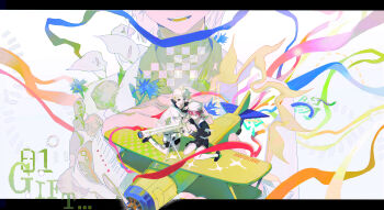 1other 2boys absurdres aircraft airplane bishounen black_eyes black_shoes black_shorts blue_ribbon flower green_ribbon green_scarf hai_yexing_ren hat highres medium_hair mini_person multiple_boys orange_ribbon original parted_lips pink_ribbon red_hair ribbon sailor_collar scarf shirt shoes short_hair shorts sitting telescope wariza white_flower white_hair white_hat white_sailor_collar white_shirt