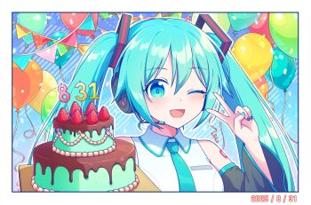 1girl aqua_eyes aqua_hair aqua_nails aqua_necktie aqua_trim arm_tattoo balloon birthday_cake blush breasts cake candle collared_shirt dated food fruit hair_between_eyes hair_ornament happy_birthday hatsune_miku headset highres kaoling long_hair long_sleeves looking_at_viewer medium_breasts necktie number_candle number_tattoo one_eye_closed open_mouth shirt sleeveless sleeveless_shirt smile solo strawberry tattoo upper_body v vocaloid white_shirt wide_sleeves