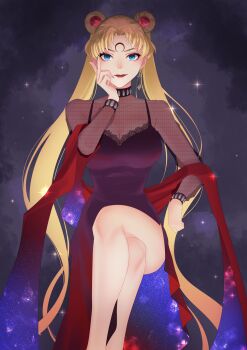 1girl absurdres armchair bishoujo_senshi_sailor_moon bishoujo_senshi_sailor_moon_r black_dress black_lady_(sailor_moon) black_lady_(sailor_moon)_(cosplay) blonde_hair blue_eyes chair collarbone commentary_request corruption cosplay crescent crescent_facial_mark crystal_earrings dark_persona double_bun dress earrings facial_mark forehead_mark hair_bun hand_on_own_face highres jewelry light_smile lips long_dress long_hair long_sleeves parted_bangs red_lips red_scarf scarf see-through_clothes side_slit sitting solo thighs tsukino_usagi very_long_hair vuipui