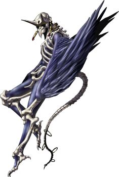 Rule 34 | 1other, beak, black feathers, black skin, bone tail, colored skin, demon (megami tensei), devil summoner: soul hackers, devil summoner (series), earrings, feathered wings, feathers, forehead jewel, gem, gurulu (megami tensei), highres, horns, jewelry, kazuma kaneko, looking at viewer, neck ring, no humans, official art, open mouth, red gem, ribs, shin megami tensei, skeleton, skull, solo, spine, tail, tail ornament, tail ring, talons, third-party source, transparent background, wings