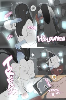 1boy 1girl ass barefoot black_hair blue_skin breasts colored_skin commentary condom condom_on_penis covered_penis cum ejaculating_while_penetrated ejaculation ejaculation_under_clothes erection ettone futa_with_male futanari halloween highres long_hair male_on_futa male_pubic_hair medium_breasts penis pubic_hair sex sitting sweatdrop television testicles the_ring tongue tongue_out yamamura_sadako