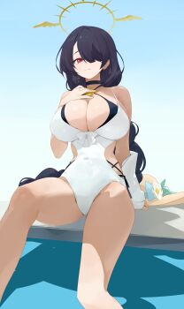 1girl absurdres black_hair blue_archive braid breasts brown_hat cleavage closed_mouth day dokshuri hair_over_one_eye halo hat highres hinata_(blue_archive) hinata_(swimsuit)_(blue_archive) large_breasts long_hair looking_at_viewer low-braided_long_hair low-tied_long_hair official_alternate_costume official_alternate_hairstyle one-piece_swimsuit red_eyes sitting solo straw_hat swimsuit thighs unworn_hat unworn_headwear very_long_hair white_one-piece_swimsuit winged_halo yellow_halo