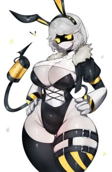 1girl breasts cleavage glitch_productions grey_hair huge_breasts humanoid_robot murder_drones rabbit_ears robot robot_girl tail white_background yellow_eyes