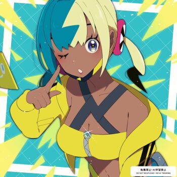 1girl aqua_hair armpit_crease bandeau bare_shoulders black_mask blonde_hair blue_eyes blue_hair breasts canari_(pokemon) center-flap_bangs character_hair_ornament cleavage criss-cross_straps cropped_jacket dark-skinned_female dark_skin hair_ornament index_finger_raised jacket long_sleeves looking_at_viewer mask mask_pull medium_breasts mega_ring mega_stone mouth_mask multicolored_hair nail_polish navel nintendo one_eye_closed pants parted_lips pokemon pokemon_legends:_z-a riki_(inushima_) short_twintails single_off_shoulder solo split-color_hair sports_bra stomach twintails two-tone_hair two-tone_mask two-tone_pants upper_body yellow_bandeau yellow_jacket yellow_mask yellow_nails yellow_sports_bra
