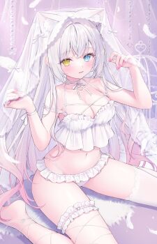 1girl animal_ear_fluff animal_ears blue_eyes blush bow breasts bridal_lingerie bridal_veil bride cat_ears cat_tail choker cleavage clothing_request collarbone commentary english_commentary fingernails gradient_hair hair_between_eyes hands_up heart heterochromia highres large_breasts lingerie long_hair looking_at_viewer multicolored_hair nail_polish navel original panties parted_bangs pink_hair pink_nails ribbon shano_hiyori single_thighhigh sitting smile solo stomach strap_slip tail thigh_strap thighhighs underwear veil very_long_hair wariza white_bow white_choker white_hair white_panties white_ribbon white_thighhighs white_veil yellow_eyes