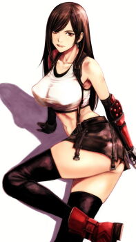1girl ass black_hair breasts commentary_request crop_top final_fantasy final_fantasy_vii final_fantasy_vii_remake highres large_breasts looking_at_viewer miniskirt navel parted_lips red_eyes skirt solo suspender_skirt suspenders takano_masayuki thighhighs tifa_lockhart