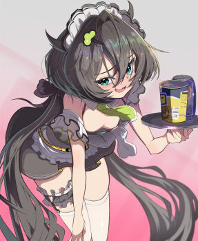 1girl apron ascot bare_shoulders bent_over bow breasts brown_hair can cleavage commentary_request cowboy_shot instant_cup_noodles detached_collar dress drink_can frilled_thigh_strap from_above goddess_of_victory:_nikke green_eyes hair_bow hair_horns hair_ornament hairpin halterneck hand_up highres holding holding_tray instant_cup_noodles instant_noodles long_hair maid maid_apron maid_headdress official_alternate_costume open_mouth pink_background short_sleeves sideways_glance smile soda_can solo strap syope thigh_strap thighhighs tray trony_(nikke) trony_(sweet_step)_(nikke) twintails very_long_hair