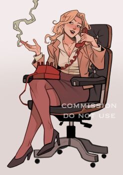 1girl black_eyes blazer blonde_hair breasts brown_jacket brown_skirt chair cigarette collarbone commission corded_phone crossed_legs dress_shirt english_text high_heels holding holding_cigarette jacket jewelry long_hair mature_eyes mature_female medium_breasts necklace nolonala office_chair office_lady on_chair pantyhose parted_lips pencil_skirt phone shirt sitting skirt smoke smoke_trail smoking swivel_chair taking_picture teeth upper_teeth_only wavy_hair