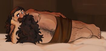 1boy bara beard belly bennyboybenniest brown_hair commentary derivative_work dungeon_meshi dwarf english_commentary facial_hair fake_horns fat fat_man full_body hairy helmet highres horned_helmet horns large_pectorals long_beard looking_to_the_side lying male_focus mustache navel navel_hair nipples on_side pectorals screenshot_redraw senshi_(dungeon_meshi) solo stomach thick_arm_hair thick_chest_hair thick_leg_hair thick_mustache thick_navel_hair topless_male very_hairy very_long_beard