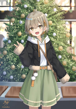 1girl :d belt black_jacket blush christmas christmas_tree colored_inner_hair commentary cowboy_shot day double-parted_bangs drawstring green_skirt grey_hair hair_between_eyes hand_up highres hood hood_down hoodie jacket long_sleeves looking_at_viewer miko_fly multicolored_hair open_clothes open_jacket open_mouth orange_belt orange_hair original outdoors short_hair signature skirt sleeves_past_wrists smile solo twitter_username two-tone_hair v white_hoodie yellow_eyes