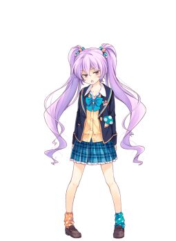 1girl ankle_socks asymmetrical_legwear blue_bow blue_bowtie blue_skirt bow bowtie brown_eyes brown_shoes cardigan food-themed_hair_ornament full_body girlfriend_(kari) green_socks hair_ornament himejima_kinoko jacket jitome knees loafers looking_at_viewer miniskirt mushroom_hair_ornament official_art orange_socks plaid_clothes plaid_skirt pleated_skirt polka_dot polka_dot_socks purple_hair qp:flapper school_uniform shirt shoes simple_background skirt socks solo thighs transparent_background white_shirt yellow_cardigan