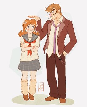 1boy 1girl black_pants blue_eyes brown_hair brown_shoes crossed_arms earrings facial_hair flower_earrings grey_background highres jewelry leg_warmers long_hair mario_(series) mustache neckerchief necktie nintendo onirizu pants pointy_ears princess_daisy purple_necktie red_neckerchief school_uniform shoes simple_background skirt waluigi