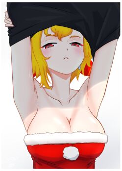 Rule 34 | 1girl, armpits, blonde hair, breasts, commentary, dress, english commentary, highres, hololive, hololive indonesia, kaela kovalskia, long hair, looking at viewer, red eyes, santa costume, santa dress, shadowsky exe, solo, undressing, virtual youtuber