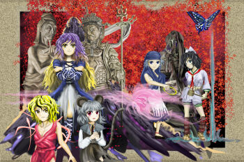 Rule 34 | 1boy, 5girls, animal ears, aqua eyes, armor, bare shoulders, bishamonten, black boots, black dress, black hair, black shoes, black skirt, black vest, blonde hair, blue butterfly, blue eyes, blue hair, boots, breasts, bug, butterfly, capelet, cleavage, closed mouth, commentary request, crossed arms, dress, gradient hair, grey capelet, hands on own arms, hijiri byakuren, holding, holding jewelry, holding ladle, holding ring, insect, japanese armor, jewelry, kams, kumoi ichirin, ladle, leaf, long hair, looking at viewer, mouse ears, mouse tail, multicolored hair, multiple girls, murasa minamitsu, nazrin, open mouth, purple hair, red eyes, ring, sailor collar, sailor shirt, shirt, shoes, short hair, shorts, skirt, suneate, tail, toramaru shou, touhou, traditional youkai, unzan, vaisravana, very long hair, vest, white dress, white shirt, yellow eyes, zun (style)