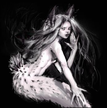 1girl \m/ absurdres animal_ears black_background black_hair black_sclera colored_sclera commentary english_commentary floating_hair from_side gradient_hair grey_hair hand_up highres long_hair looking_at_viewer mermaid monster_girl multicolored_hair original outstretched_arm parted_lips sea_bunny_girl simple_background solo tail twulfs white_eyes