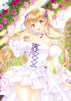 1girl absurdres arm_at_side blonde_hair bodice breasts bug butterfly cleavage collar commentary cowboy_shot cross-laced_clothes detached_collar detached_sleeves dress english_commentary fingernails flower hair_ribbon hand_up high-low_dress highres insect juliet_sleeves large_breasts layered_dress long_hair long_sleeves looking_at_viewer marker_(medium) open_mouth original osumi_izumi petticoat pink_eyes pink_flower pink_rose puffy_sleeves purple_ribbon ribbon rose smile solo standing strapless strapless_dress traditional_media two_side_up very_long_hair white_collar white_dress