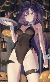 1girl absurdres alternate_costume animal_ear_hairband animal_ears black_halo black_leotard blue_archive commentary_request detached_collar fake_animal_ears hairband halloween halo highleg highleg_leotard highres holding holding_tray huran_tea jack-o&#039;-lantern leotard looking_at_viewer mechanical_halo playboy_bunny purple_eyes purple_hair rabbit_ear_hairband rabbit_ears solo strapless strapless_leotard tray two_side_up wrist_cuffs yuuka_(blue_archive)