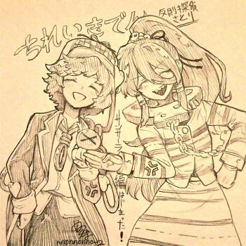 Rule 34 | 2girls, absurdres, anger vein, artist name, blush, chain, closed eyes, coat, collared shirt, commentary request, cuffs, deerstalker, detective, eyeball, facing viewer, foul detective satori, gloves, hair tubes, handcuffs, hat, highres, komeiji satori, long hair, long sleeves, menotama, miyadeguchi mizuchi, multiple girls, official alternate costume, open clothes, open coat, open mouth, ponytail, prison clothes, shackles, sharp teeth, shirt, short hair, signature, skirt, smile, striped clothes, striped shirt, striped skirt, teeth, third eye, touhou, traditional media