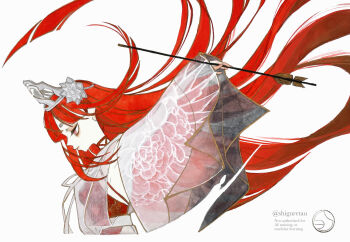 Rule 34 | 1girl, absurdres, arrow (projectile), breasts, commentary request, crop top, crown, floating hair, highres, long hair, original, red eyes, see-through clothes, shiguretau, small breasts, solo, traditional media, upper body, very long hair